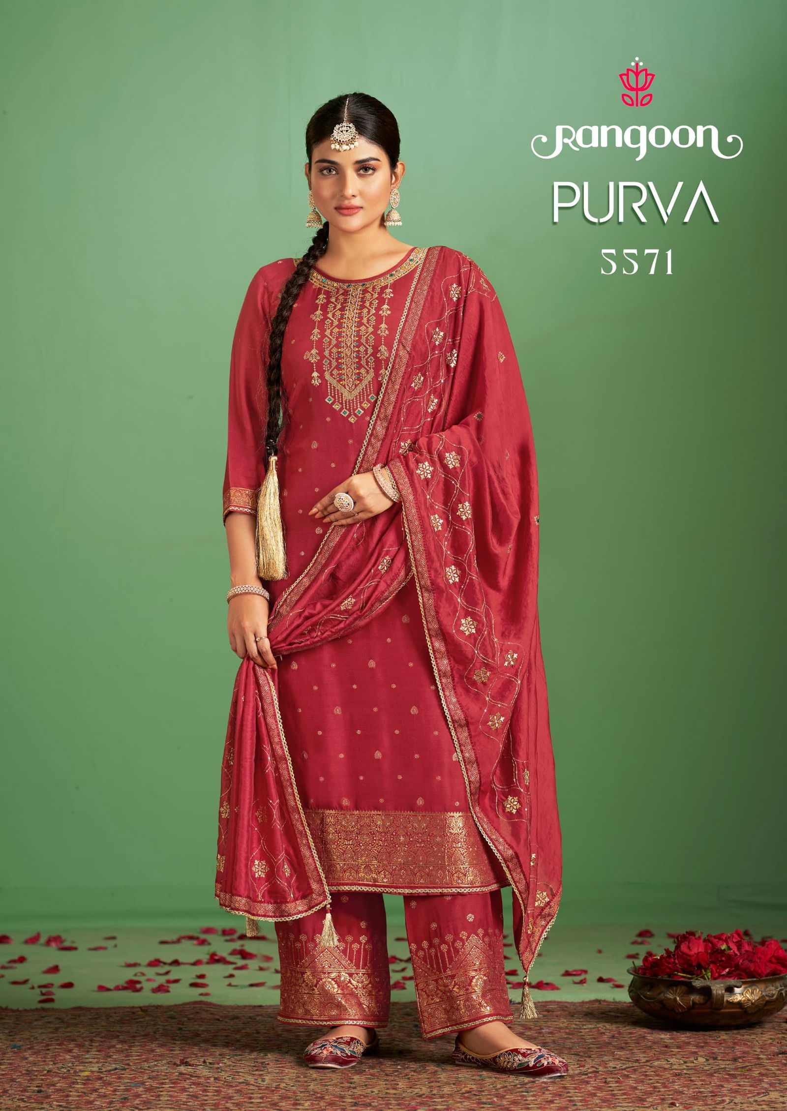 Purva By Rangoon Muslin Jacquard Embroidery Kurti With Bottom Dupatta Wholesalers In Delhi